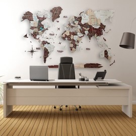 Awesometik 3D Wooden Map - 3D World Map, Large Wall Art, Kitchen & Home Decor. Housewarming Gift - Wood Art, Wooden Travel Map with Rivers & Ocean Names (Medium, Cappuccino)