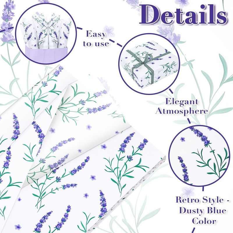 20 Sheets Lavender Tissue Paper, 20x14in Watercolor Lavender Wrapping Tissue