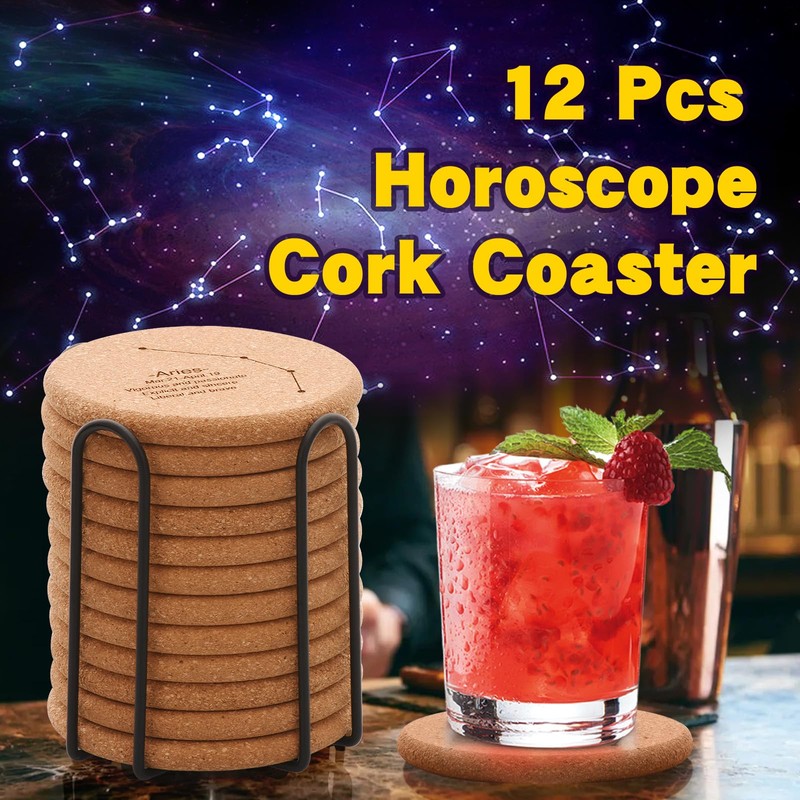 12 Pcs 4 Inch Horoscope Cork Coaster with Holder for