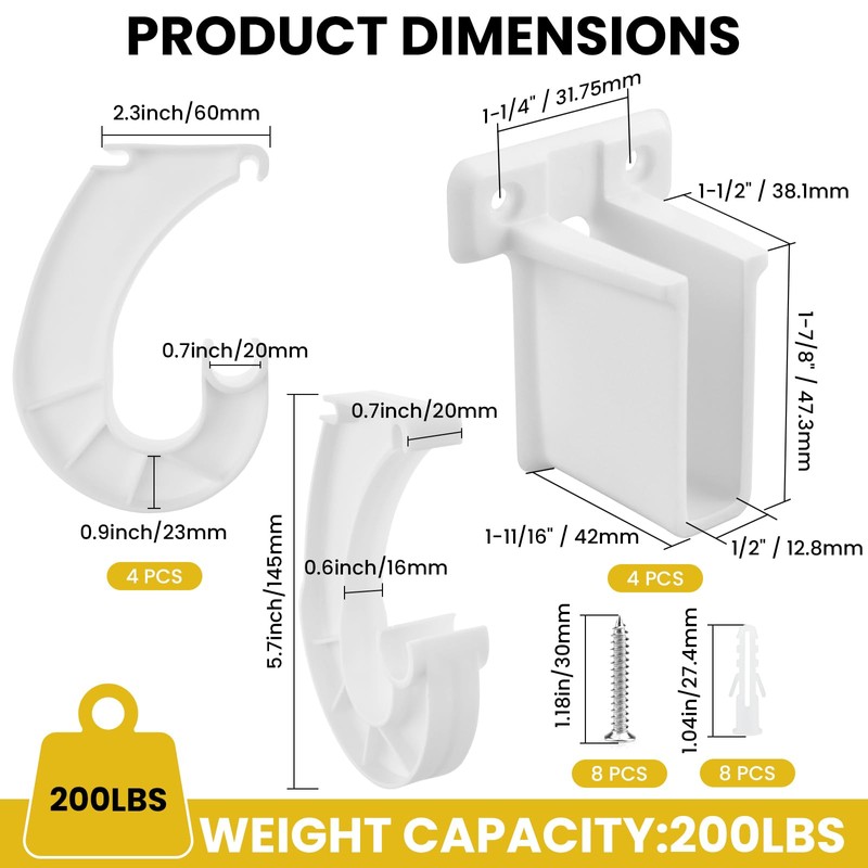 UBANU Hanging Closet Rod Support Kit, Include 4Pcs 3/4 J-Shaped
