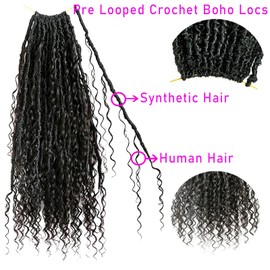 Boho Locs Crochet Braids Pre Looped With Human Hair Extensions Curly Ends Deep Wave Goddess Soft Locs Box Knotless Braids Hair Synthetic Dreadlocks Braiding for Women CHARMING YOU 22 Inch 24Strands