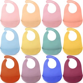 Mepase 12 Pcs Silicone Bibs Waterproof Silicone Baby Bibs Soft Adjustable Baby Feeding Unisex Baby Eating Supplies (Stylish Color)