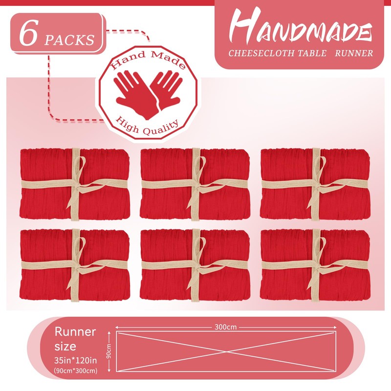 YMHPRIDE 6 Packs Cheesecloth Table Runner Red, 55x300cm Rustic Gauze