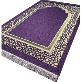 Modefa Turkish Islamic Prayer Mat - Thin Woven Chenille Sajjadah - Praying Rug Ramadan Eid Gift - Traditional Muslim Janamaz Sajada for Men Women - with Kufi & Beads - Geometric Selcuk Star (Purple)