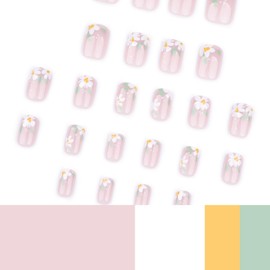 Pink Press on Nails Short Square Fake Nails White Flower False Nails Acrylic Stick on Nails with designs Artificial Nails Full Cover Spring Summer Glue on Nails for Women 24pcs
