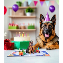 3D Pop-Up Birthday Card with German Shepherd – Dog Lover Greeting Card with Envelope and Blank Notecards – Funny Pet-Themed Pop-Up for Kids & Adults – Unique Card for Men, Women, and Dog Owners