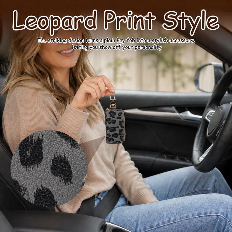PU Leather Key Fob Holder Case,Leopard Print Car Key Case(Black)