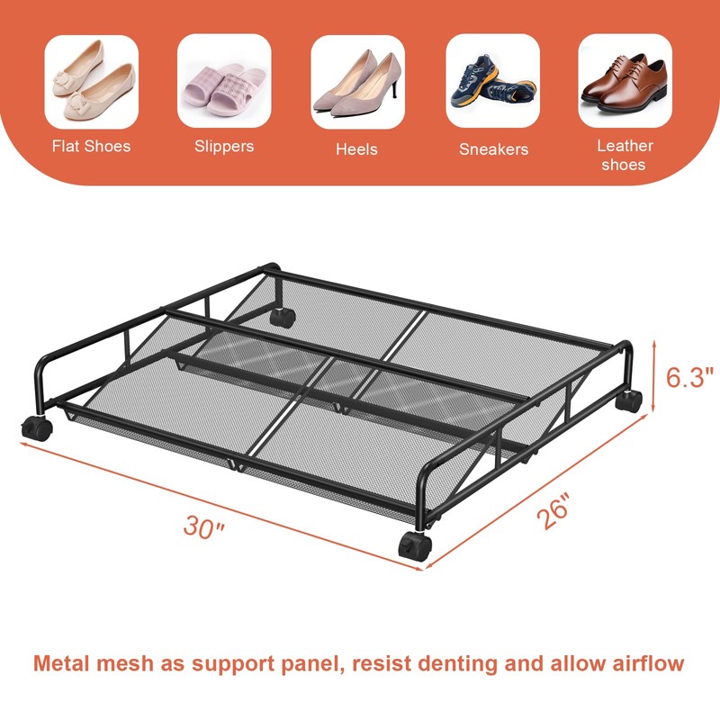 KOSIWU Under Bed Shoe Storage Organizer, Metal Mesh Under Bed