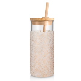 Tronco 20oz Glass Tumbler Glass Water Bottle Straw Silicone Protective Sleeve Bamboo Lid - BPA Free (Dot Bronze/ 1 Pack)