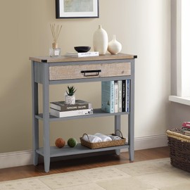 RUSTOWN Farmhouse Console Table with Drawer, 3-Tier Rustic Entryway Table with Open Storage Shelves and Handmade Metal Handle, Narrow Foyer Sofa Table for Living Room, Entryway, Hallway (Grey)