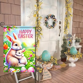 BlissYard Happy Easter Garden Flag 12x18 Inch Double Bunny Floral Colorful Eggs Flags Easter Decor for Outside Yard Porch Outdoor Banner Summer Spring Porch Farmhouse Outside Decortion