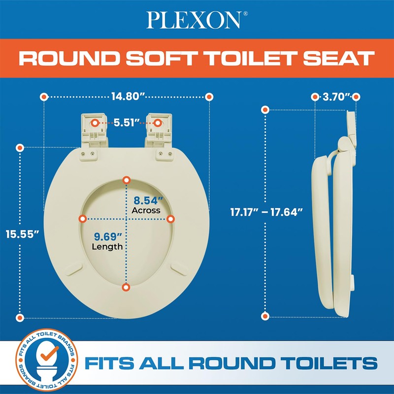 Plexon Soft Cushioned Toilet Seat, Round, Bone, Slow-Close Lid &