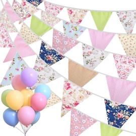 Alintor 45.9ft Fabric Bunting, 46Pcs Floral Vintage Bunting, Reusable Garden Bunting, Bunting Flags, Bunting Banner for Birthday, Party, Afternoon Tea, Spring Decorations