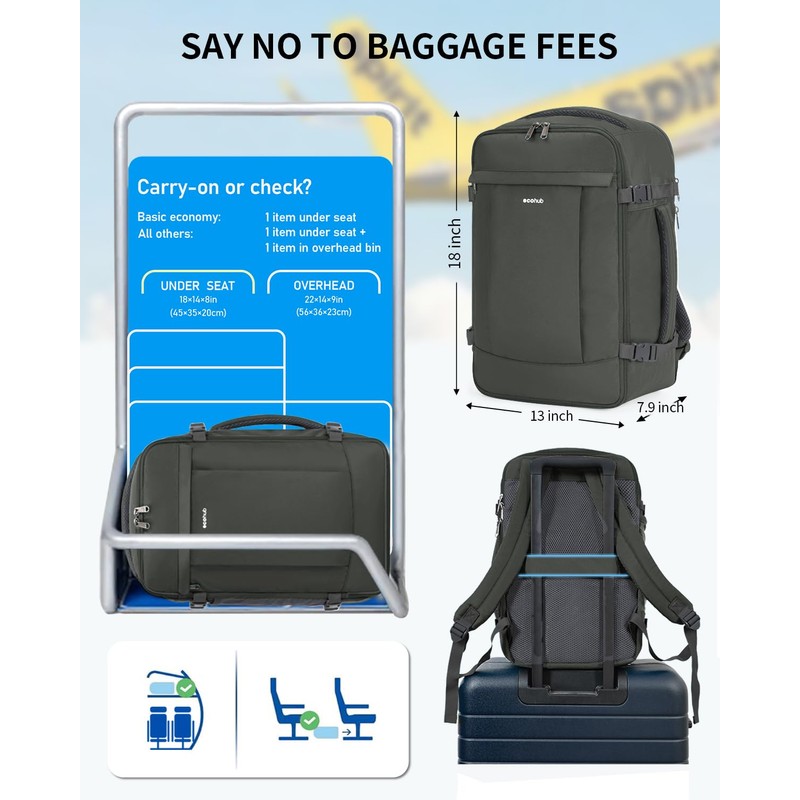 ECOHUB Travel Backpack 18x14x8 Spirit Airlines Personal Item Bag Carry