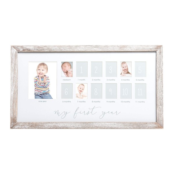 Pearhead My First Year Photo Moments Baby Keepsake Picture Frame, 0-12 Months Baby Photos, Father’s Day Accessory, Gender-Neutral Baby Milestone Nursery Décor, 13 Photo Inserts, Distressed Wood