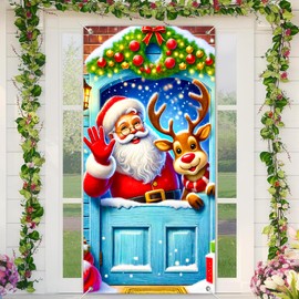 BlissYard Christmas Door Cover 71x35 Inch Santa Claus and Reindeer Waving from Snowy Holiday Front Porch Door Banners Decoration with Garland Hanging Banner for Indoor Outdoor Winter Party Decor