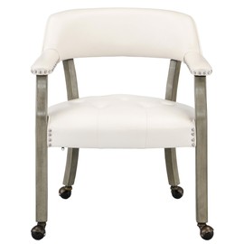 LEEMTORIG Large Dining Chairs with Casters and Arms, Rolling Dining Chairs with Wheels, Accent Game Poker Table Chairs, Solid Wood Office Chairs, 26“Dx25.2 Wx31.5“H, Grey Legs & Ivory PU SY-1318-WT