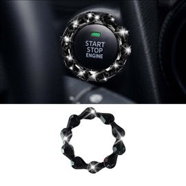 Bling Car Engine Start Stop Button Decoration Ring, Crystal Push to Start Button Emblem Sticker, Key Ignition Starter & Knob Protection Cover, Universal Car Interior Accessories for Women (Black)
