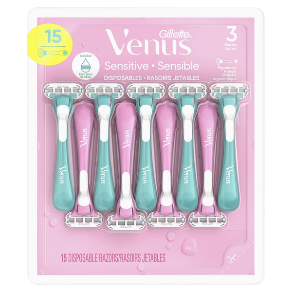 Gillette Venus Sensitive Disposable Razors for Women with Sensitive Skin, Delivers Close Shave with Comfort, 15 Count (Pack of 1)