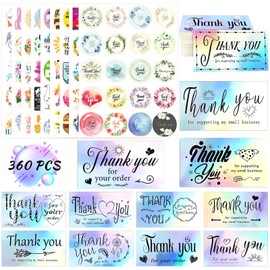 zheyistep 360Pcs Thank You Cards and Stickers Set, 180 Holographic Thank You Cards, 20 Thank You Stickers for Small Business 160 Inspirational Stickers for Thank You Gift Cards