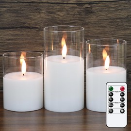 GenSwin Flameless Candles with Remote Timer, Clear LED Battery Operated Candles with Flickering Flame, Glass and Real Wax Pillar Candle Holiday Home Decor(Set of 3, D3”x4”5”6”)