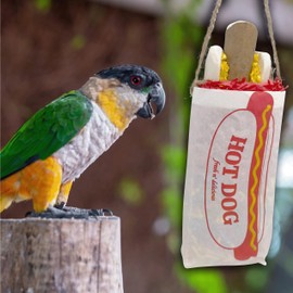Mandarin Bird Toys by M&M 1558 Sola Hot Dog - Handmade Super Shreddable Foraging Bird Toy, Lightweight Sola Wood Hot Dog, Food Grade Paper Bag, Lots of Crinkle Paper, Beak and Feet Thrilling