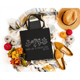 GXVUIS Consider How the Wildflowers Grow Canvas Tote Bag for Women Bible Verse Reusable Grocery Shopping Bag Christian Gift, Black, Large