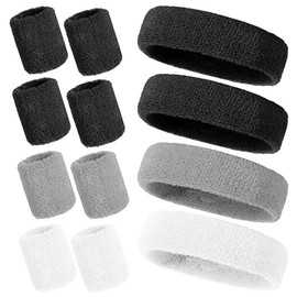 Sets de Bandas Deportivas (4 Diademas y 8 Muñequeras) - Algodón Absorbente para Sudor, Antideslizantes, Elásticas, Ideal para Fitness, Running, Yoga p