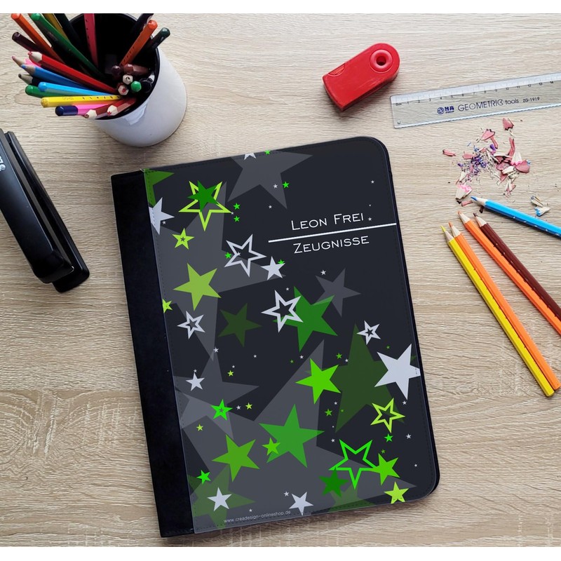 CreaDesign, Children's Certificate Folder with Name, Certificate Folder Stars Green