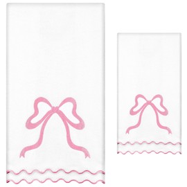 Fanfanwin Set of 2 Coquette Bow Bath Towels Set Scalloped Pink Embroidered Hand Towel 100% Cotton Cute Preppy Decorative for Bathroom Shower Supplies