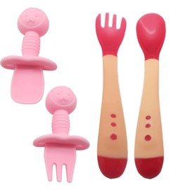 Gadgetime USA 4 piece set of silicone spoon/fork and heat sensitive Baby Utensils Self Feeding Chewable Toddler Training