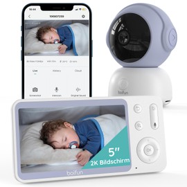BOIFUN 2K Baby Monitor with Camera App, Crying/Motion/Noise Detection, Intelligent Night Vision, Automatic Tracking, PTZ 345°/65°, 5 Inch Video Baby Monitor WiFi, 4x Zoom, Double-Sided Dialogue, Area