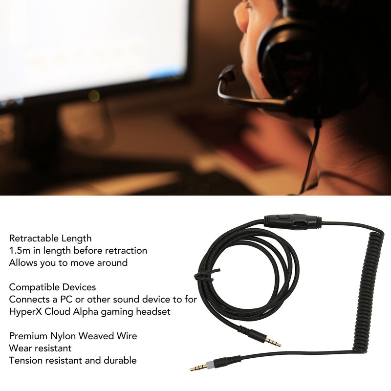 Coiled Headphone Cable Replacement Headset Sound Cord with Volume Key