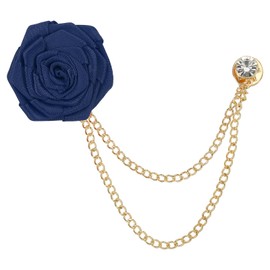 sourcing map Bridegroom Brooches Rose Flower, Size 1.57 inch inch Cloth Alloy Lapel Pin with Tassel Chain/Suit Stud for Wedding Men' Suit Accessories, 1 Count Navy Blue