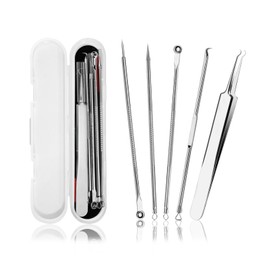 Acne Needle Set of 5, Pore Care, Acne Removal, Blackheads, Bottle Pusher, Antibacterial Stainless Steel, Beauty Tool, Storage Case Included, Portable and Convenient (Silver)