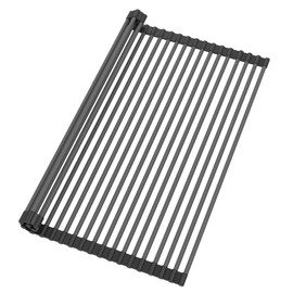 Roll Up Dish Drying Rack, Silicone Wrapped Over The Sink Multipurpose Foldable Dish Drainer Anti-Slip Coated Stainless Steel Dish Racks for Kitchen Counter, Sink Drying Rack (Black, 20.5" x 17.3")