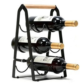 VANEME 6‑Bottle Foldable Stackable Metal Wine Rack with Wooden Handle, 3‑Tier No Assembly Countertop Wine Holder for Kitchen Bar Cabinet Pantry, Black