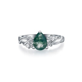 HPQQ Natural Moss Agate Ring for Women Sterling Silver Teardrop Moss Agate Engagement Wedding Ring Jewelry for Women Her Wife Christmas Birthday Gifts-7
