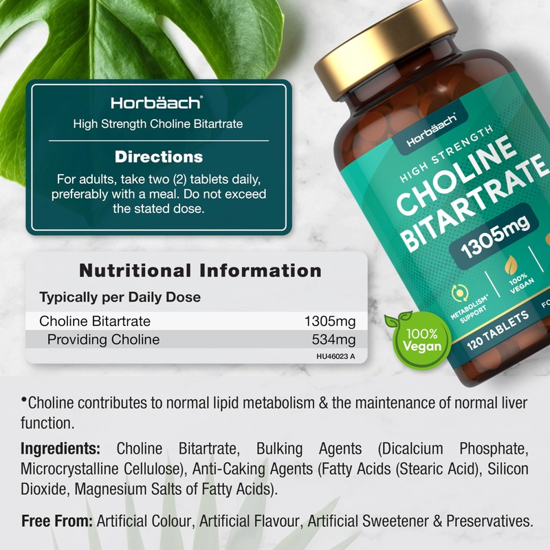 Choline Bitartrate Tablets 1305mg | 120 Count | High Strength