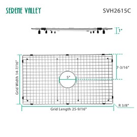 Serene Valley Sink Bottom Grid 25-9/16" X 14-7/16", Centered Drain with Corner Radius 3/8", Sink Protector SVH2615C