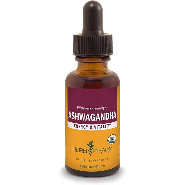 Herb Pharm Certified Organic Ashwagandha Extract for Energy and Vitality, Organic Cane Alcohol, 1 Ounce