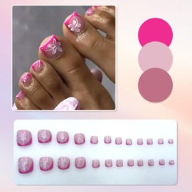 Viugex 24Pcs Press on Toenails Short Square, French Rose Red Flowers False Toenails, Cute Glossy Acrylic Fake Toe Nails, Spring Summer Seaside Gel Glue on Toe Nails for Women Girls Manicure Art