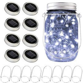 Solar Mason Jar Lights, 8 Pack 15 LED Waterproof Fairy Firefly Jar Lids String Lights with Hangers(NO Jars), Patio Yard Garden Wedding Easter Decoration - Cool White