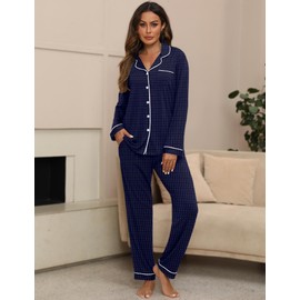 HNG Cozy Pajamas For Women Soft Breastfeeding Pjs Plus Size Pj Sets Nursing Shirt Navy Dots, XXL