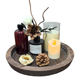 Slanted Solid Wood Tray, Vintage Storage, Circular Candle Decoration Tray (Charcoal Burning Color)
