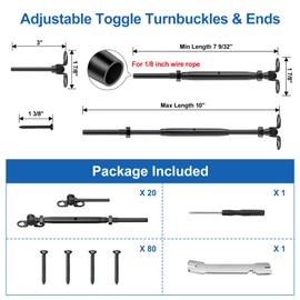 PLANTOP 20 Pairs 1/8" Black Cable Railing Kit, T316 Stainless Steel 180°Adjustable Angle Swage Toggle Turnbuckle Hardware for 2"x2", 4"x4" Wood Posts, Deck Stair Cable Railing Wire Railing Kit, MY25