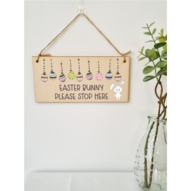 The Plum Penguin Handmade Wooden Hanging Wall Plaque Easter Bunny Please Stop Here Cute Fun Easter Sign Garden Kitchen Decoration