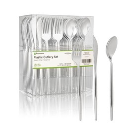 Restaurantware-Moderna 7.5 Inch Fancy Disposable Flatware, 60 Durable Plastic Flatware - With Reinforced Handle, Heavy-duty, Silver Plastic Sustainable Cutlery Or Restaurants