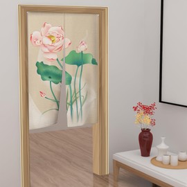 Pnylzzyxh Chinese Lotus Flower Noren Doorway Long Type Curtain Door Tapestry for Kitchen Bathroom Japanese Ink Pink Floral Printed Home Decoration Green Lotus Leaf Shops Doorway 33.5 x 59 in