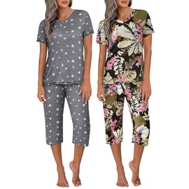 Ekouaer 2 Pack Pajamas for Women Set Short Sleeve 2 Piece Pjs V Neck Tops & Capri Pants Lounge Sets with Pockets S-3XL
